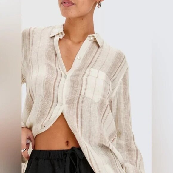 Rails Tops - Rails Charli Reims Stripe Linen Blend Button Up Top Coastal in Brown/Cream XL